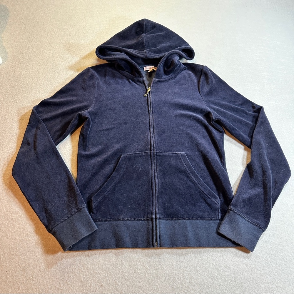 Juicy Couture Velour Full Zip Hoodie Women's M Navy Blue Cozy Lounge Y2K